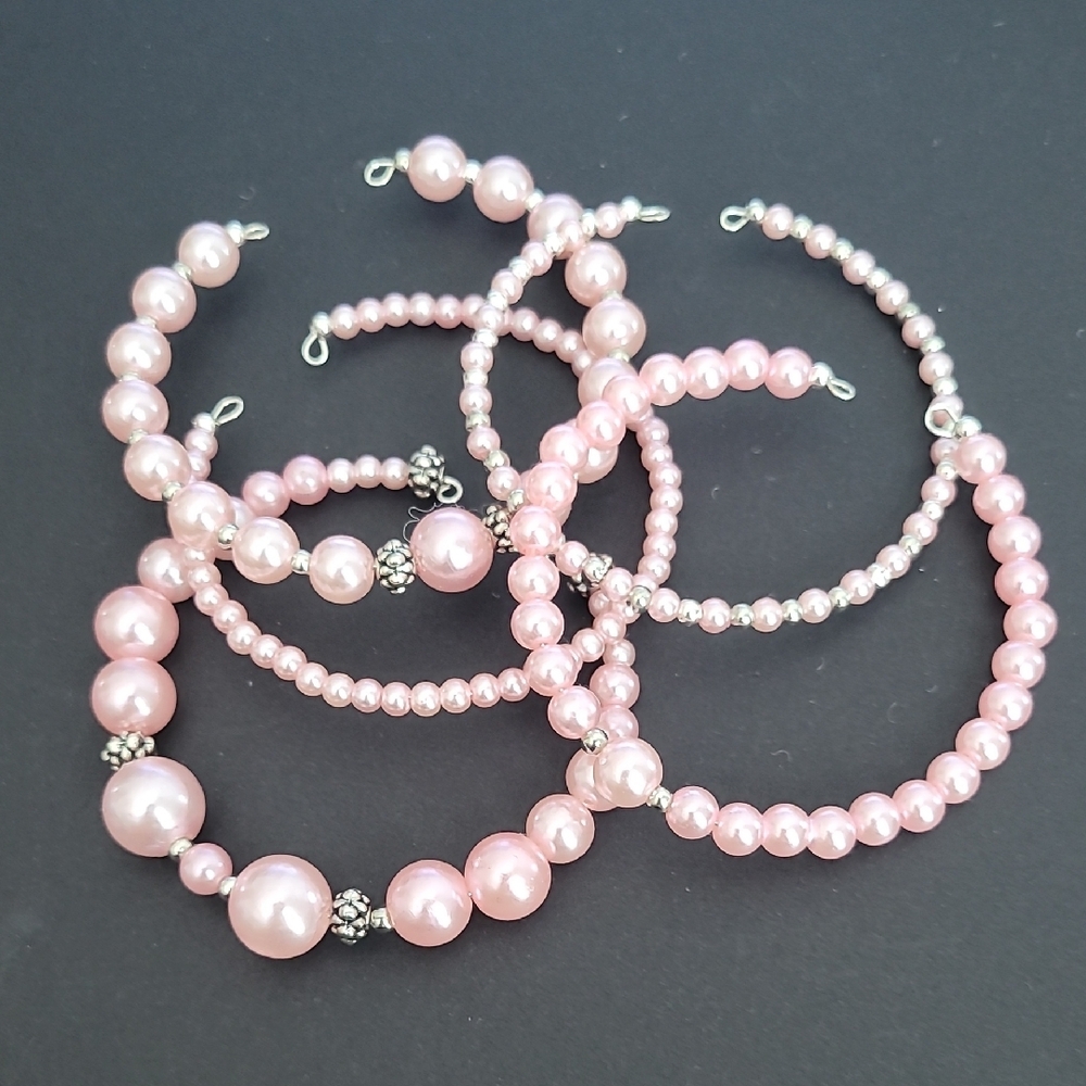 Elegant Pink Pearls and Silver Accents Stackable Bracelet Set of 5